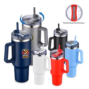 40 Oz. Boxed Two Tone Travel Handle Mug with Twist Closure Straw Lid