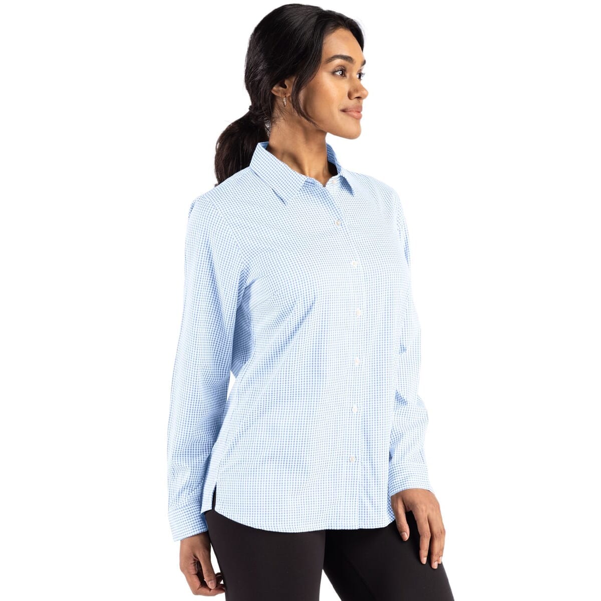 Cutter & Buck Skyline Recycled Gingham Womens Long Sleeve Spread Collar Dress Shirt