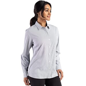 Cutter & Buck Skyline Recycled Pinstripe Womens Long Sleeve Spread Collar Dress Shirt