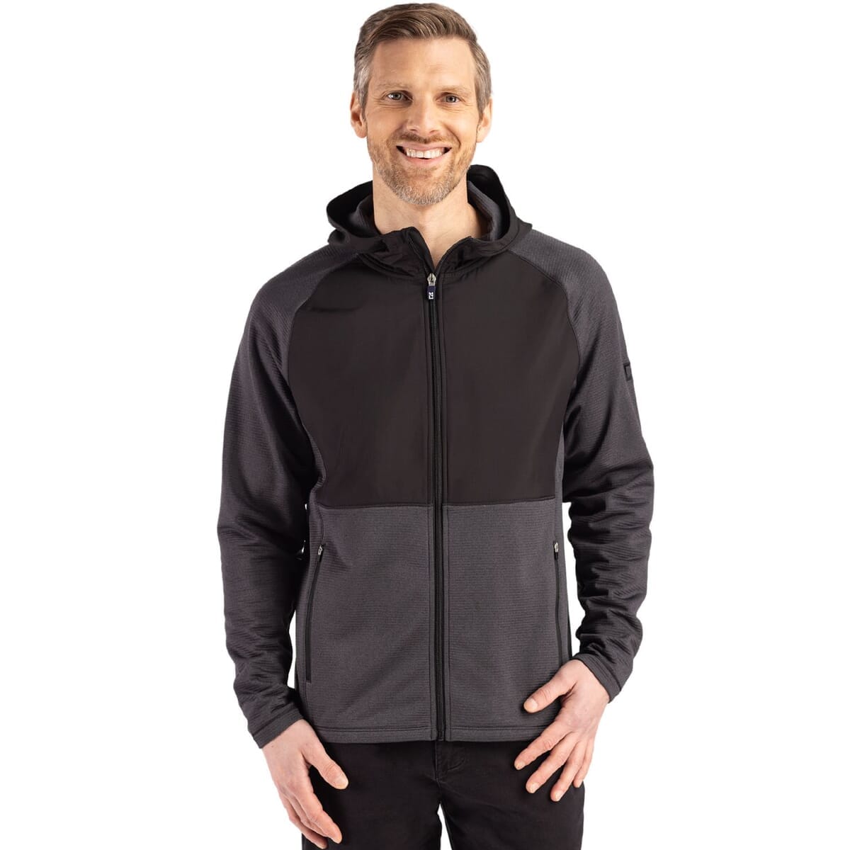 Cutter & Buck Peshastin Recycled Grid Fleece Mens Hybrid Hooded Full Zip Jacket