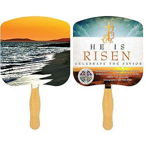 Religious Hand Fan/ Shoreline at Sunset with Four Color Process Imprint