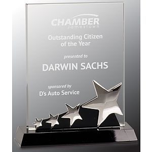 7" Rectangle Crystal Award with Silver Stars on Black Pedestal Base