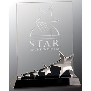 8" Rectangle Crystal Award with Silver Stars on Black Pedestal Base