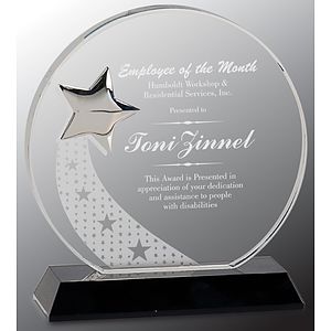 6 1/4" Round Crystal Award with Silver Star on Black Pedestal Base