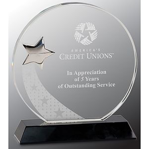 7 1/4" Round Crystal Award with Silver Star on Black Pedestal Base