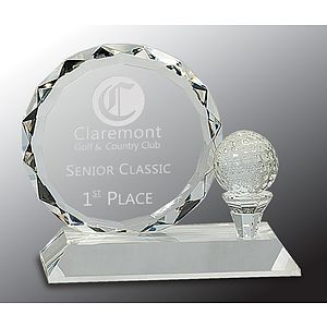 5 1/4" Round Facet Crystal Award with Golf Ball on Clear Pedestal Base