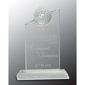 7 1/4" Clear Crystal Award with Inset Crystal Golf Ball on Clear Base