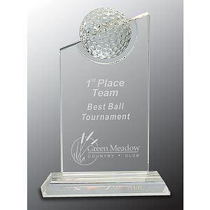 8" Clear Crystal Award with Inset Crystal Golf Ball on Clear Base