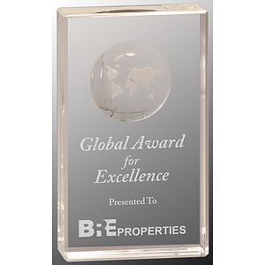 6" Clear Crystal Rectangle Award with Globe Etching