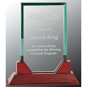 7 3/4" Jade Rectangle Prestige Glass Award with Rosewood Piano Finish Base