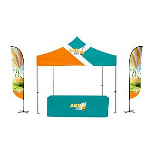 10x10ft Deluxe Kit-Black Steel Frame Tent Kit, 2 Feather Flags & 6' Table Cover