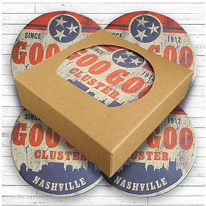 4 Round Absorbent Stone Coaster with Cork Backing packaged in Kraft Window Box
