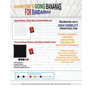 Discounted Square Bandana, 22x22, Blank, Stocked in 5 colors (1 seller)