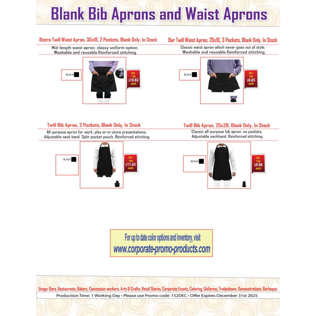 Twill Bib Apron, 25x28, 2 Pockets, Adjustable Neck, Blank Only, In Stock