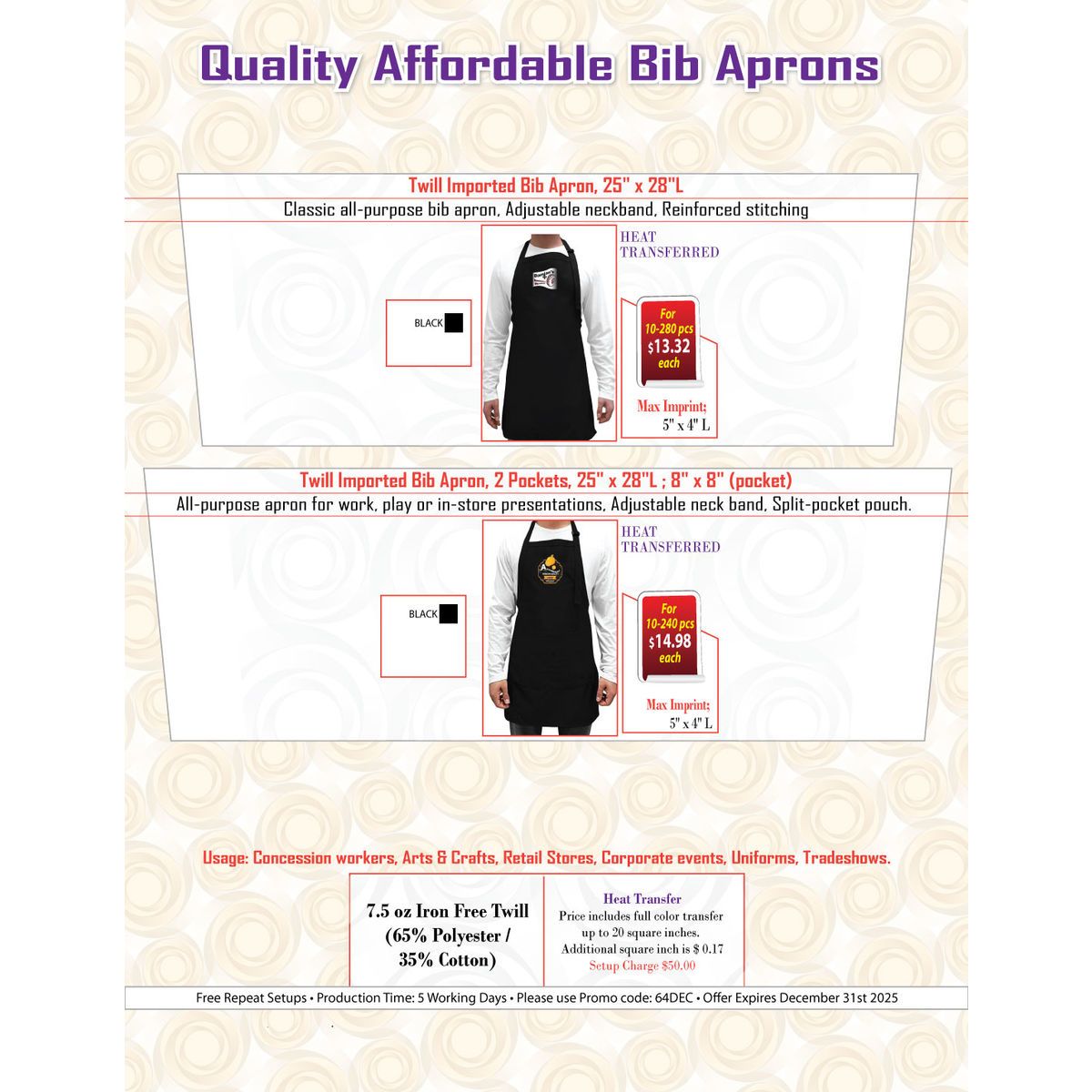 Twill Bib Apron, 25x28, No Pockets, Adjustable Neck, Heat Transfer logo, In Stock