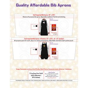 Twill Bib Apron, 25x28, No Pockets, Adjustable Neck, Heat Transfer logo, In Stock