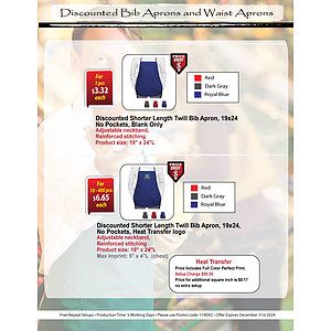 Discounted Shorter Length Twill Bib Apron, 19x24, No Pockets, Heat Transfer logo, In Stock