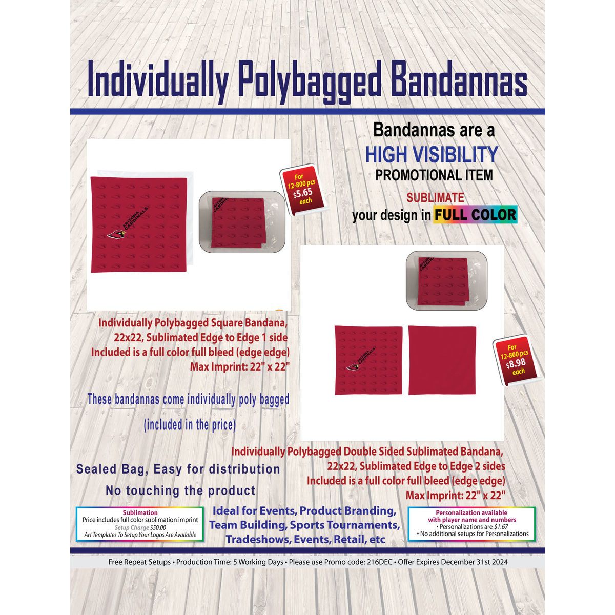 Individually Polybagged Double Sided Sublimated Bandana, 22x22, Sublimated Edge to Edge 2 sides