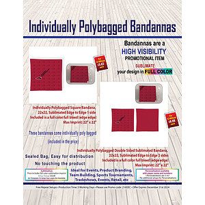 Individually Polybagged Double Sided Sublimated Bandana, 22x22, Sublimated Edge to Edge 2 sides