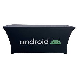 24 Hr Express Ship - Sublimated Stretch Curved Fit Table Throw for 6ft table, 3 sided, Open Back
