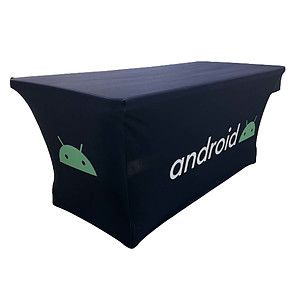 24 Hr Express Ship - Sublimated Stretch Curved Fit Table Throw for 6ft table, 3 sided, Open Back