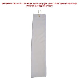 Colored Velour Terry Cotton Blend Golf Towel, Finished size 6x25, Trifold Grommet Hook, Sublimated