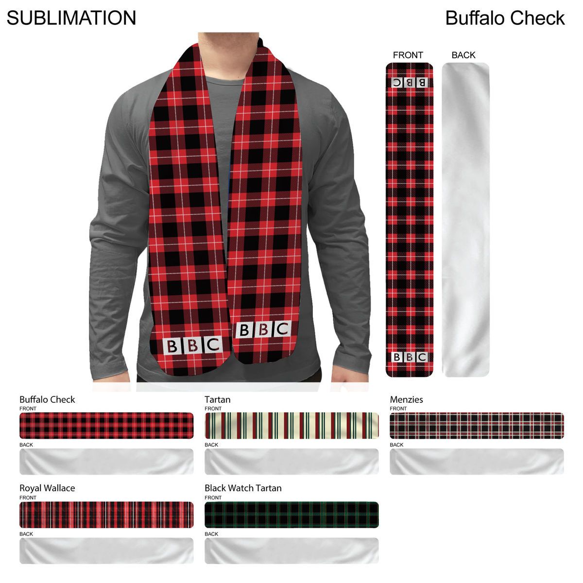 Stock Plaid Design Fashion Scarf, 8x60, Sublimated Edge to Edge 1 side