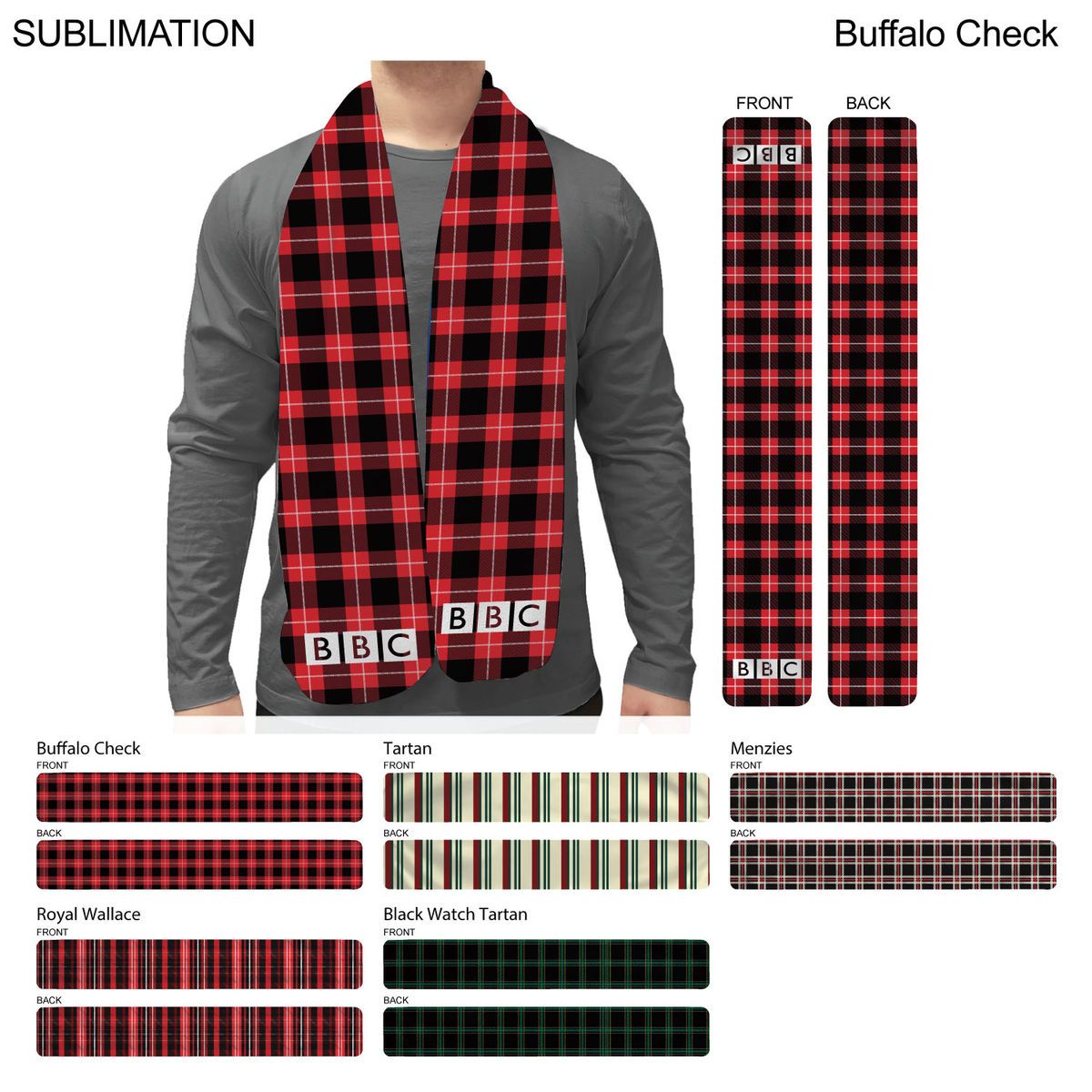 Stock Plaid Design Fashion Scarf, 8x60, Sublimated Edge to Edge 2 sides