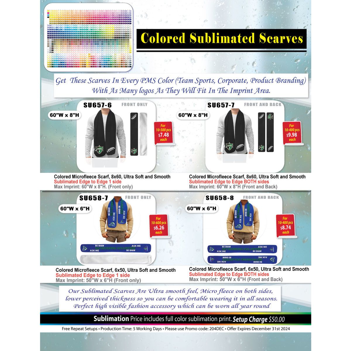 Colored Microfleece Scarf, 6x50, Ultra Soft and Smooth, Sublimated Edge to Edge 1 side