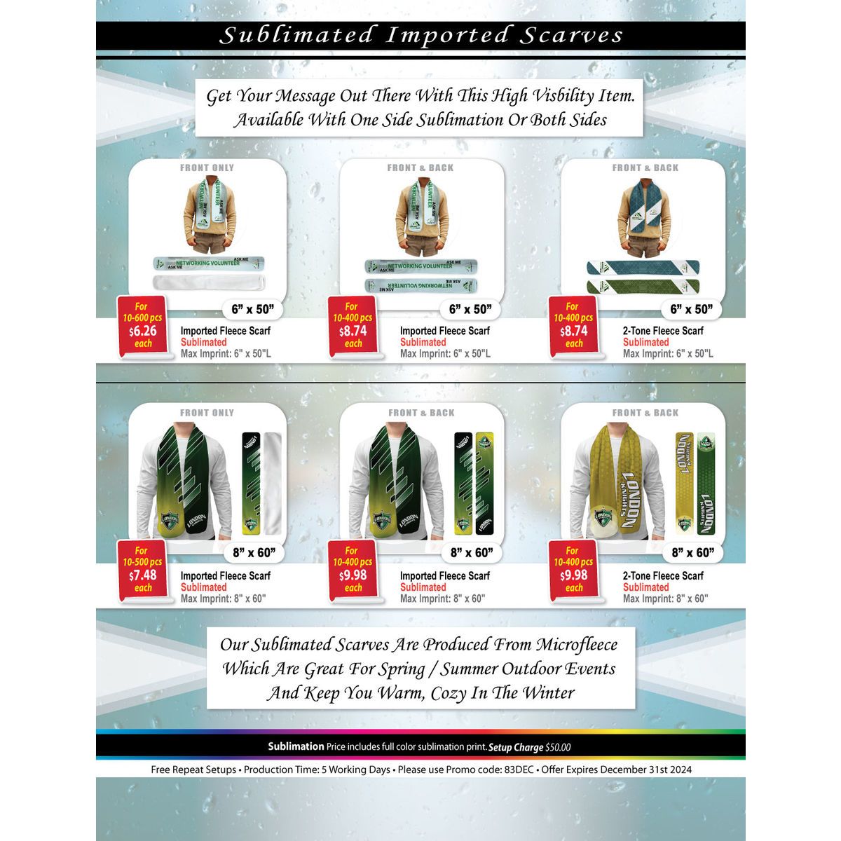 Ultra Soft and Smooth Microfleece Scarf, 6x50, Sublimated Edge to Edge 1 side