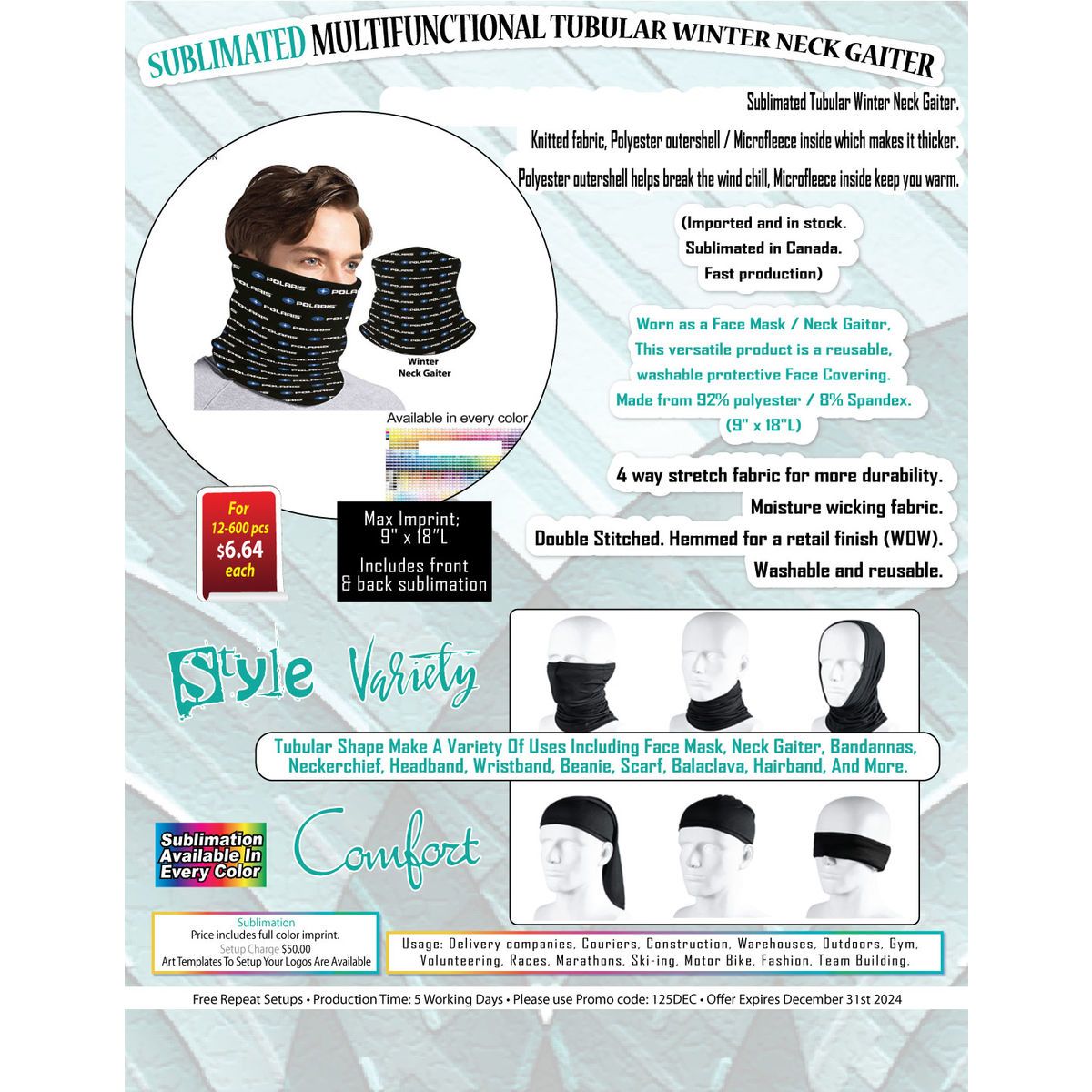 Sublimated Multifunction Tubular 2-ply WINTER Neck Gaiter (Polyester Microfleece)