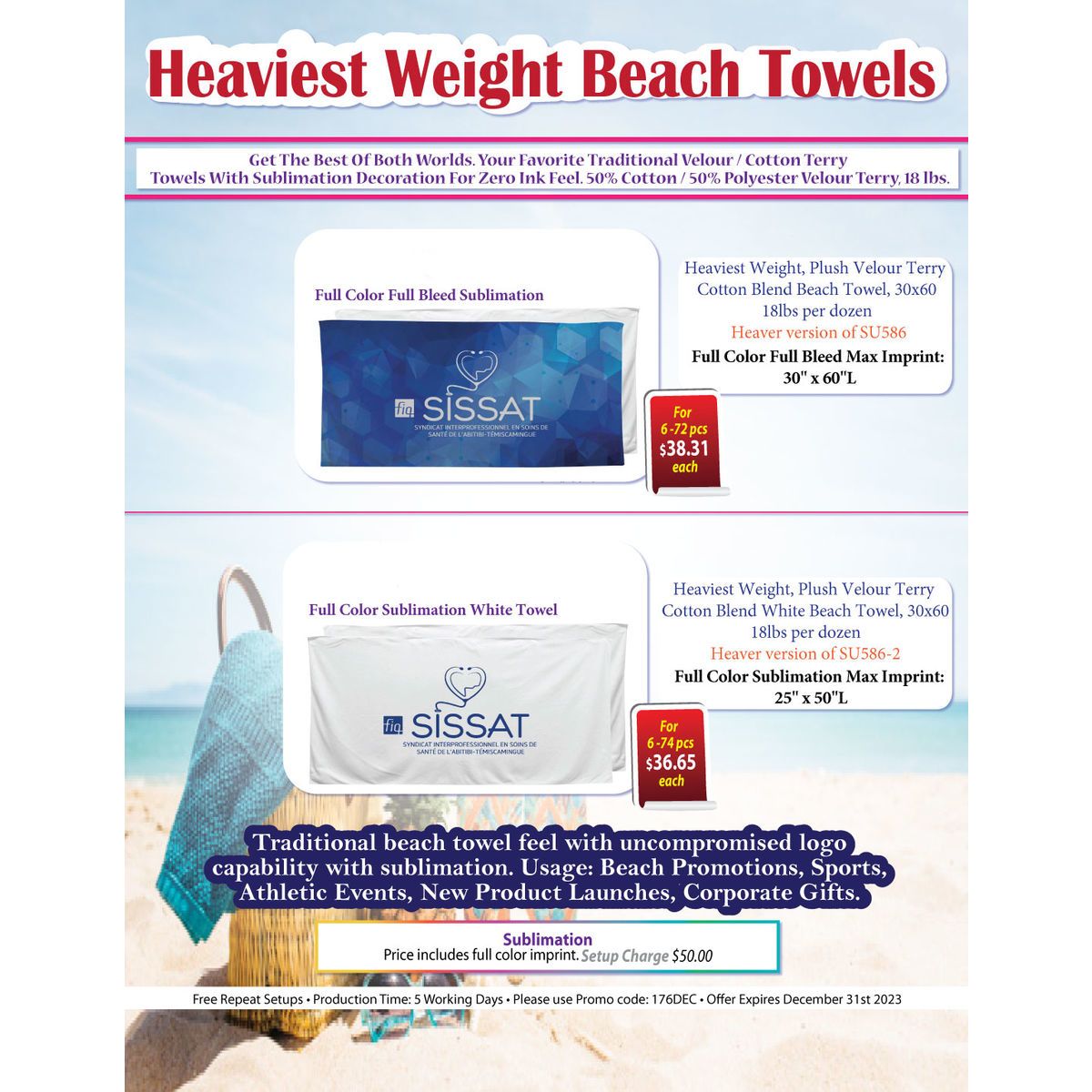 Heavier weight, Plush Velour Terry Cotton Blend White Beach Towel, 30x60, Full Color Sublimation