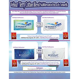 Heavier Weight, Plush Velour Terry Cotton Blend Beach Towel, 30x60, Sublimated Logo Edge to Edge