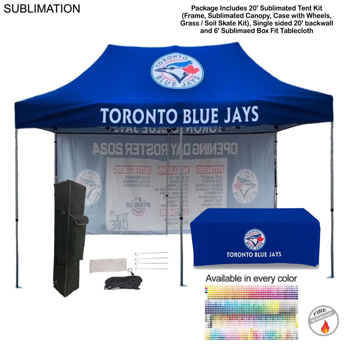 Deluxe Event Package, 20' Sublimated Tent kit, Single sided 20' backwall, and 6' Box Fit Tablecloth