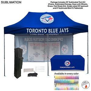 Deluxe Event Package, 20' Sublimated Tent kit, Single sided 20' backwall, and 6' Box Fit Tablecloth