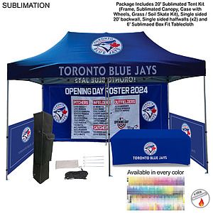 Supreme Event Package, 20' Sublimated Tent, 20' Backwall, 2 Half sidewalls, 6' Box Fit Tablecloth