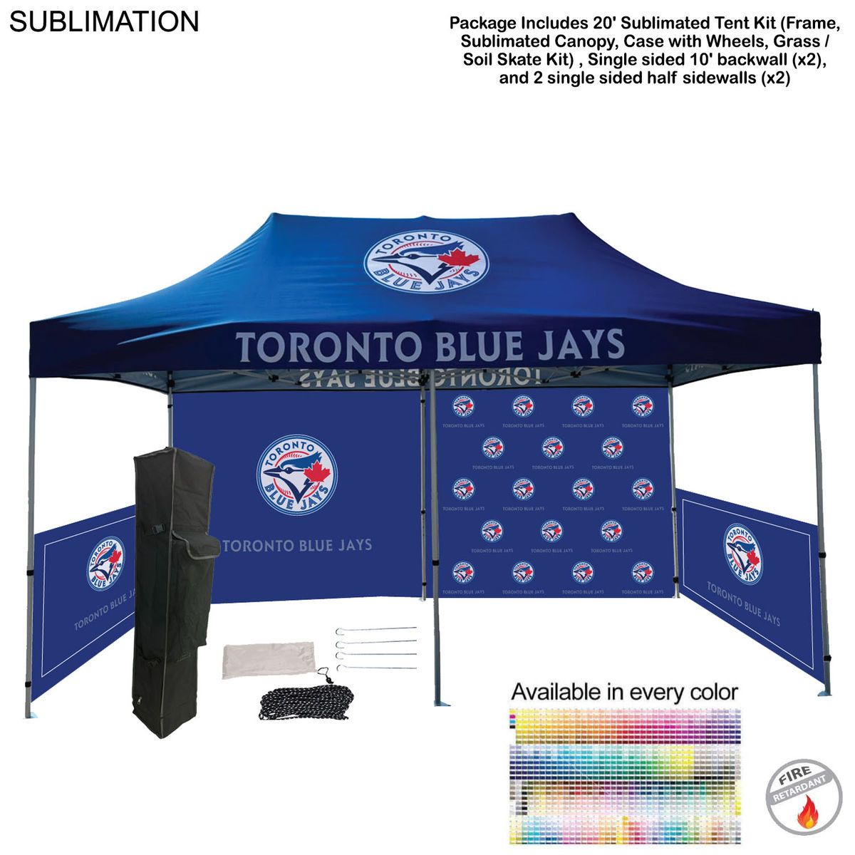 Full Tent Package 1, 20' Sublimated Tent, 2 Single sided 10' backwalls, 2 Single side half sidewalls