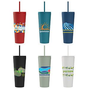 Spire - 24 oz Soft Touch Double Wall Recycled Plastic Tumbler w Straw