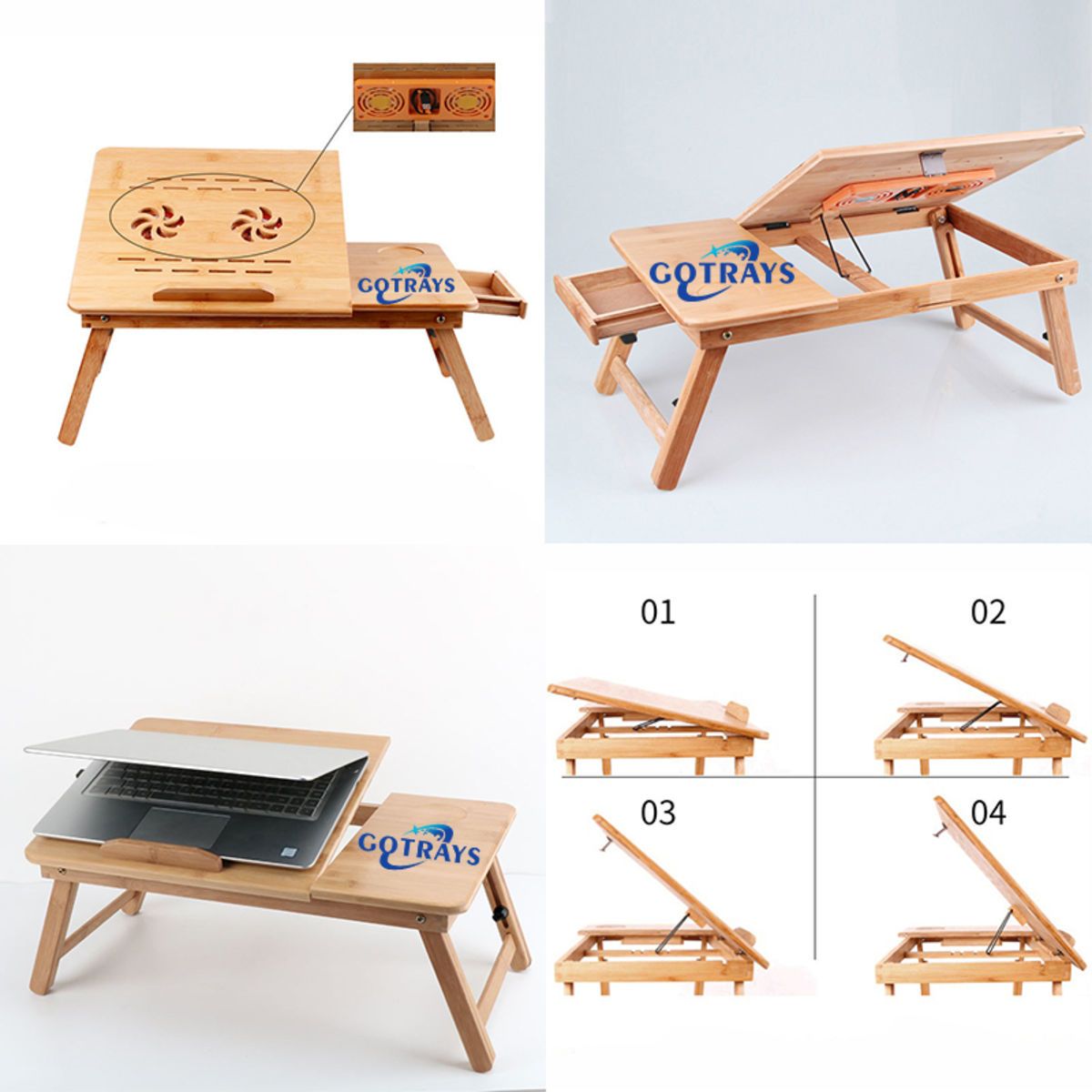 Bamboo Laptop Desk, Adjustable Portable Breakfast Serving Bed Tray with Tilting Top Drawer