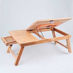 Bamboo Laptop Desk, Adjustable Portable Breakfast Serving Bed Tray with Tilting Top Drawer