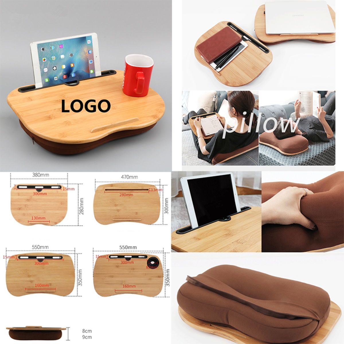 Bamboo Portable Laptop Table Platform W Phone Holder Pillow