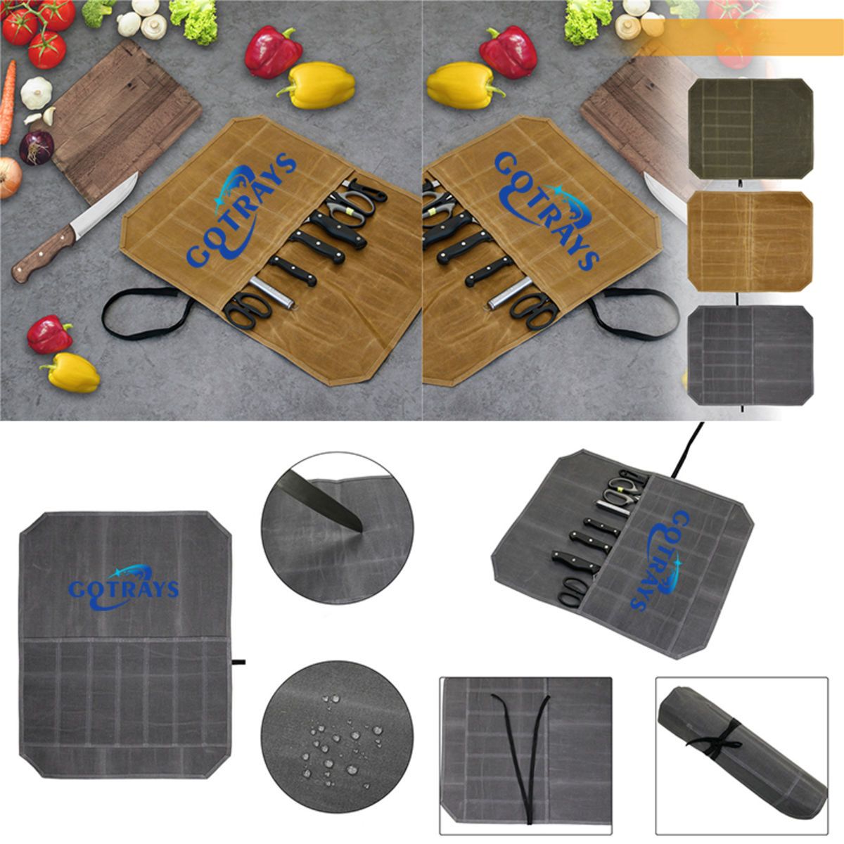 Wet Waxed Canvas Kitchen Knife Roll Cutlery Organizer