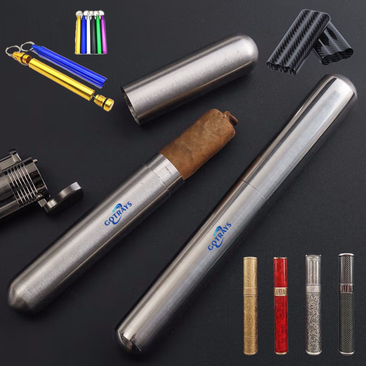 Stainless Steel Carbon Fiber Cigar Case Tube Carrying Holder
