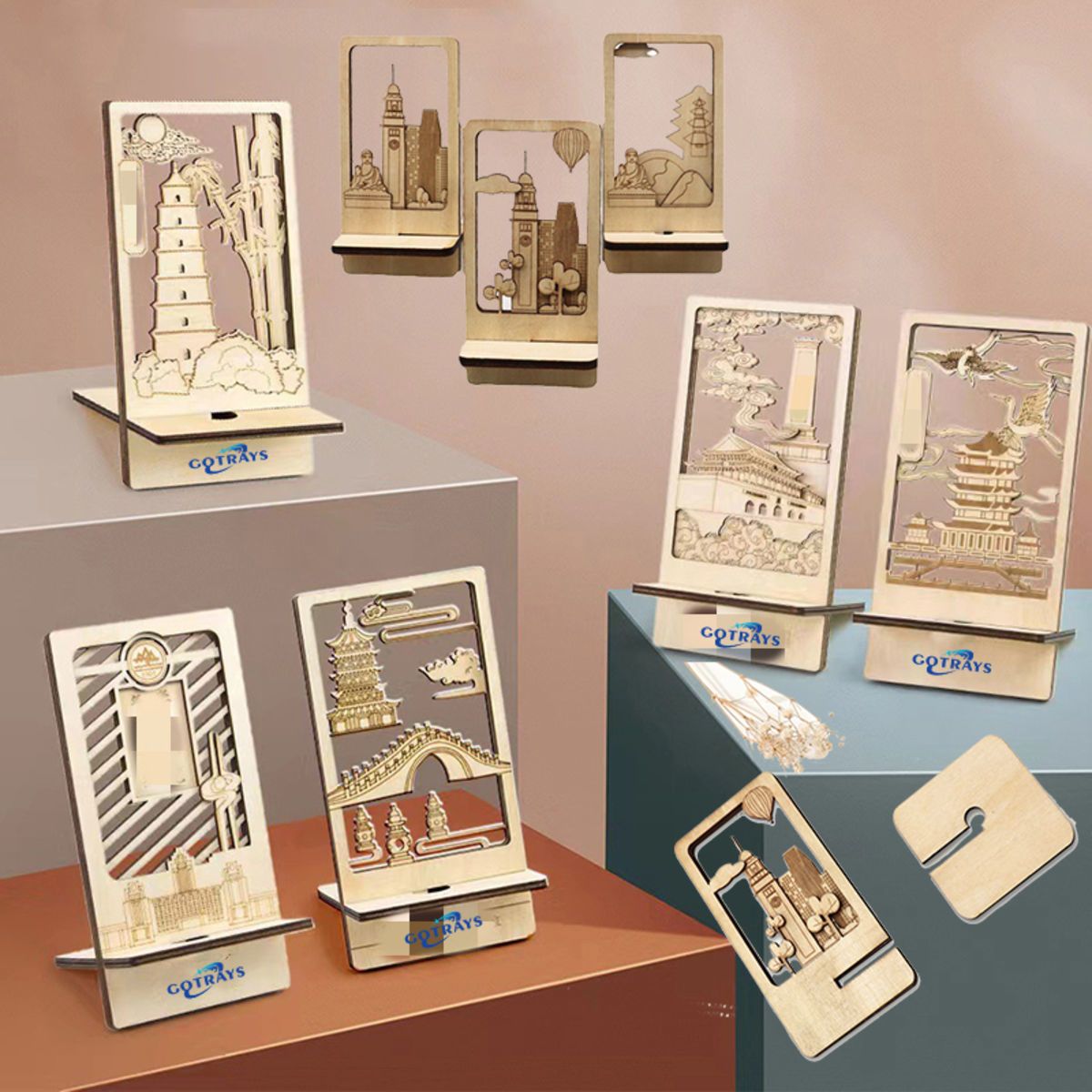 Wood Souvenir Hollowed-out Engraving Phone Stand Holder