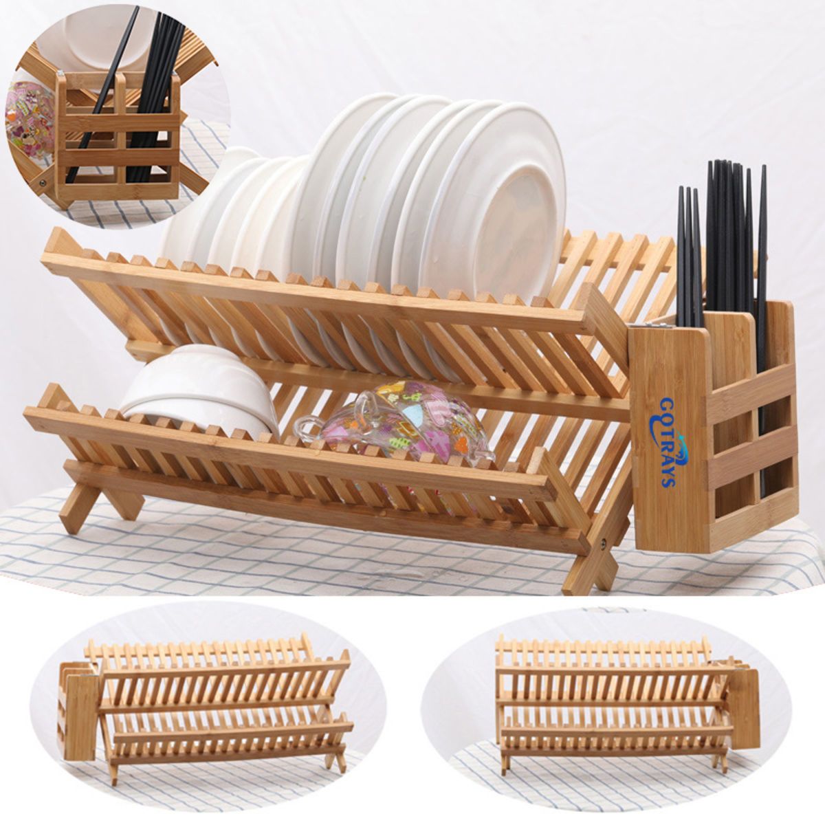 Bamboo Folding 2-Tier Dish Drying Rack with Utensil Holder