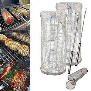 Rolling BBQ Basket,Camping Round Stainless Steel Grill Mesh
