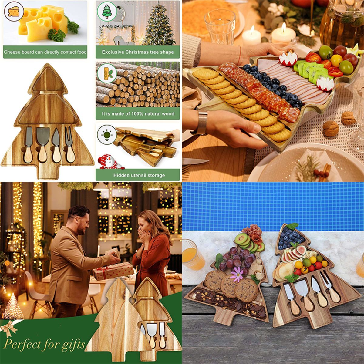 2 Layers Tree Cheese Boards Charcuterie Tray  Knife Set