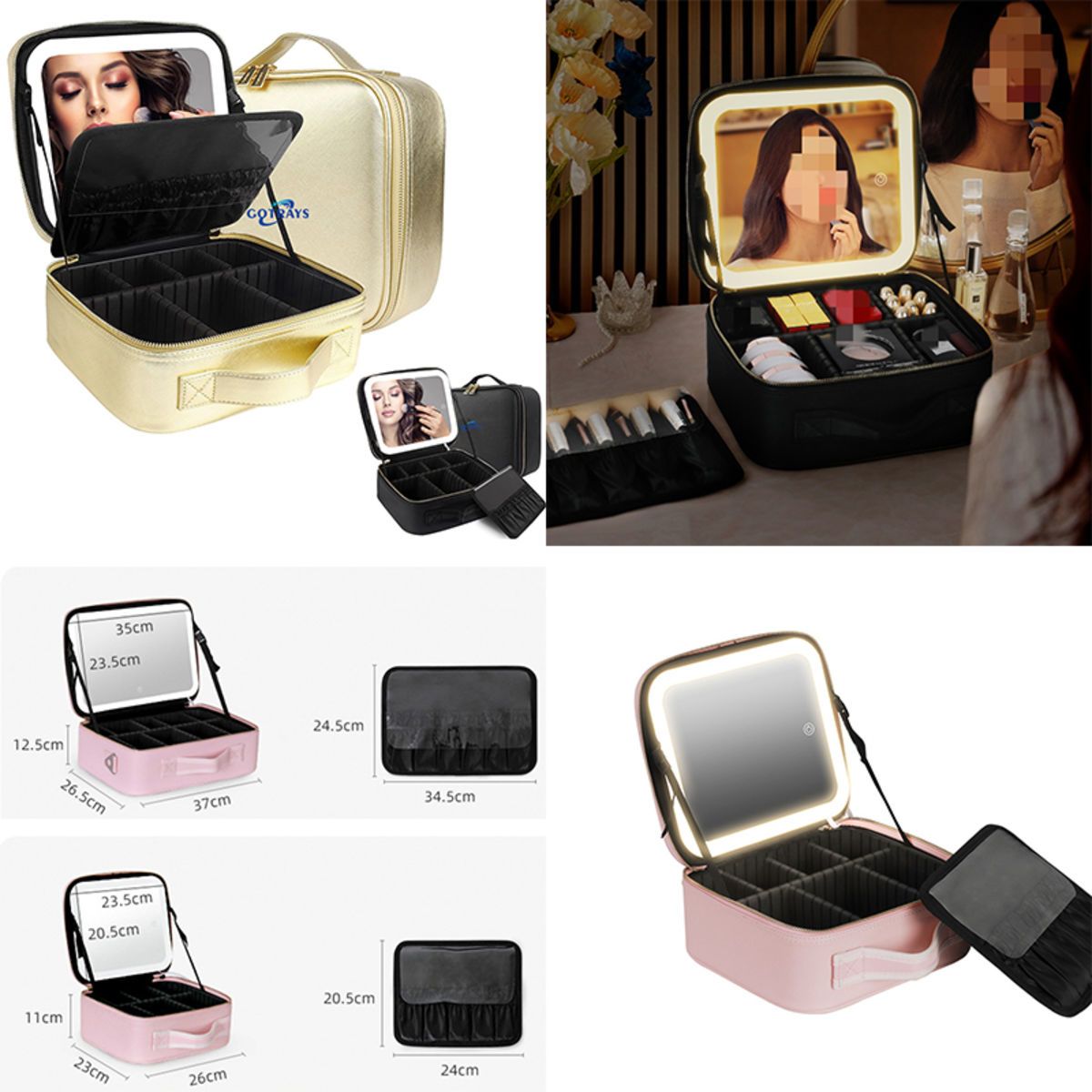 Travel Makeup Train Case Cosmetic Bag with Mirror and Light