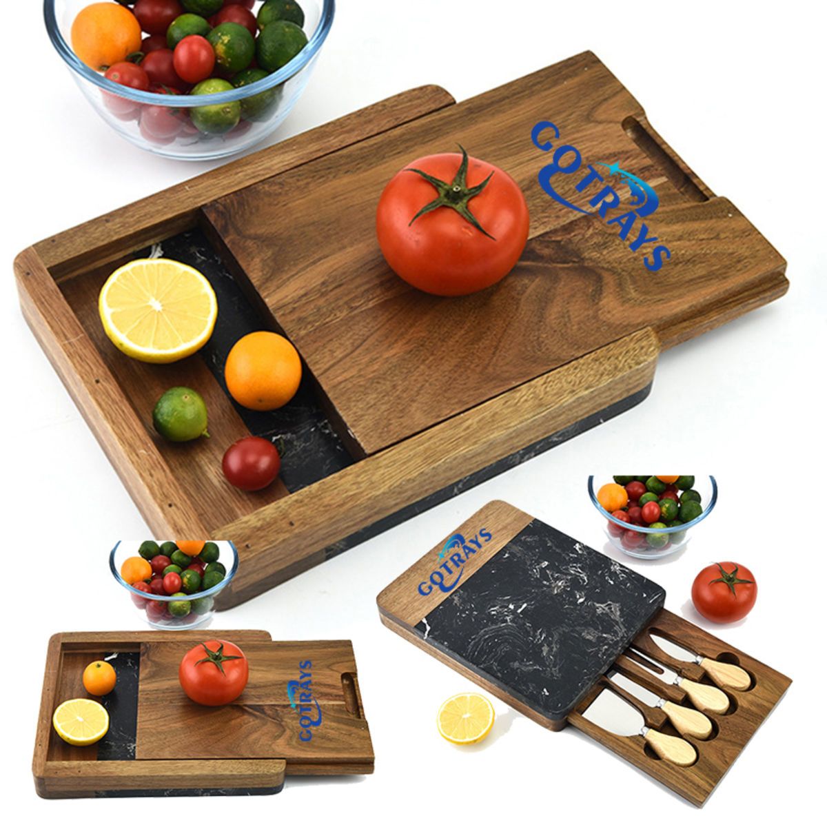 Marble Cheese Board - Acacia Wood Tray with 3-Knife Set