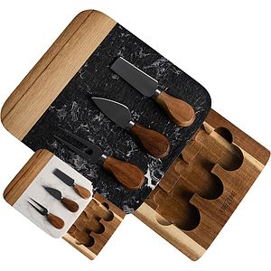 Marble Cheese Board - Acacia Wood Tray with 3-Knife Set